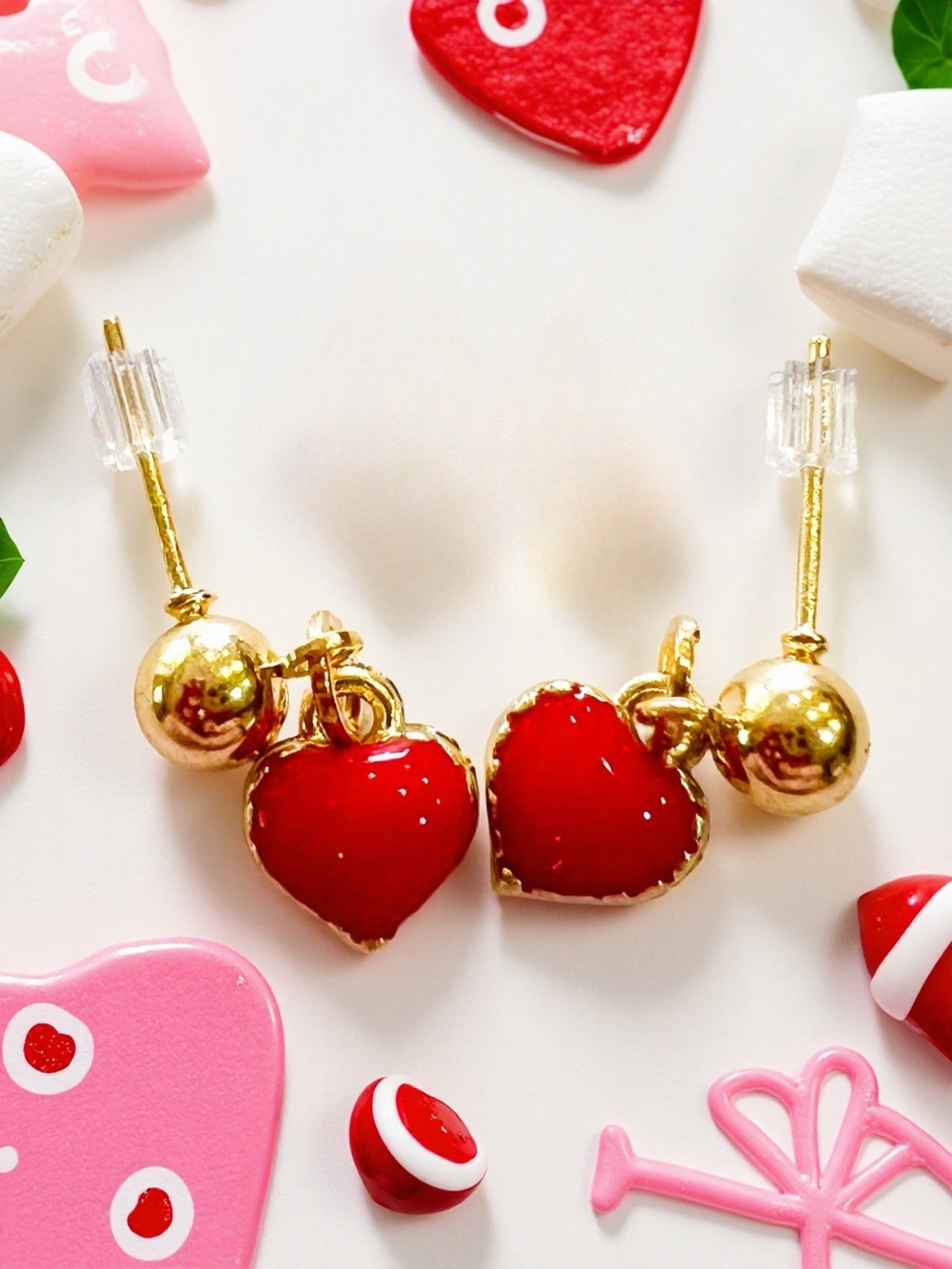 Teeny Tiny Umbrella Gold-Tone Red Hearts and Hearts Drop Earring Set of 3 - Picture 3 of 16